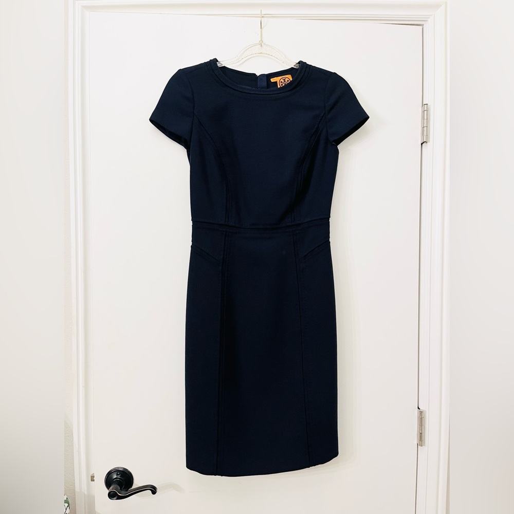 Tory Burch Navy Sheath Dress, Short Sleeve, Woven Wool Blend, Size 0, Zipper